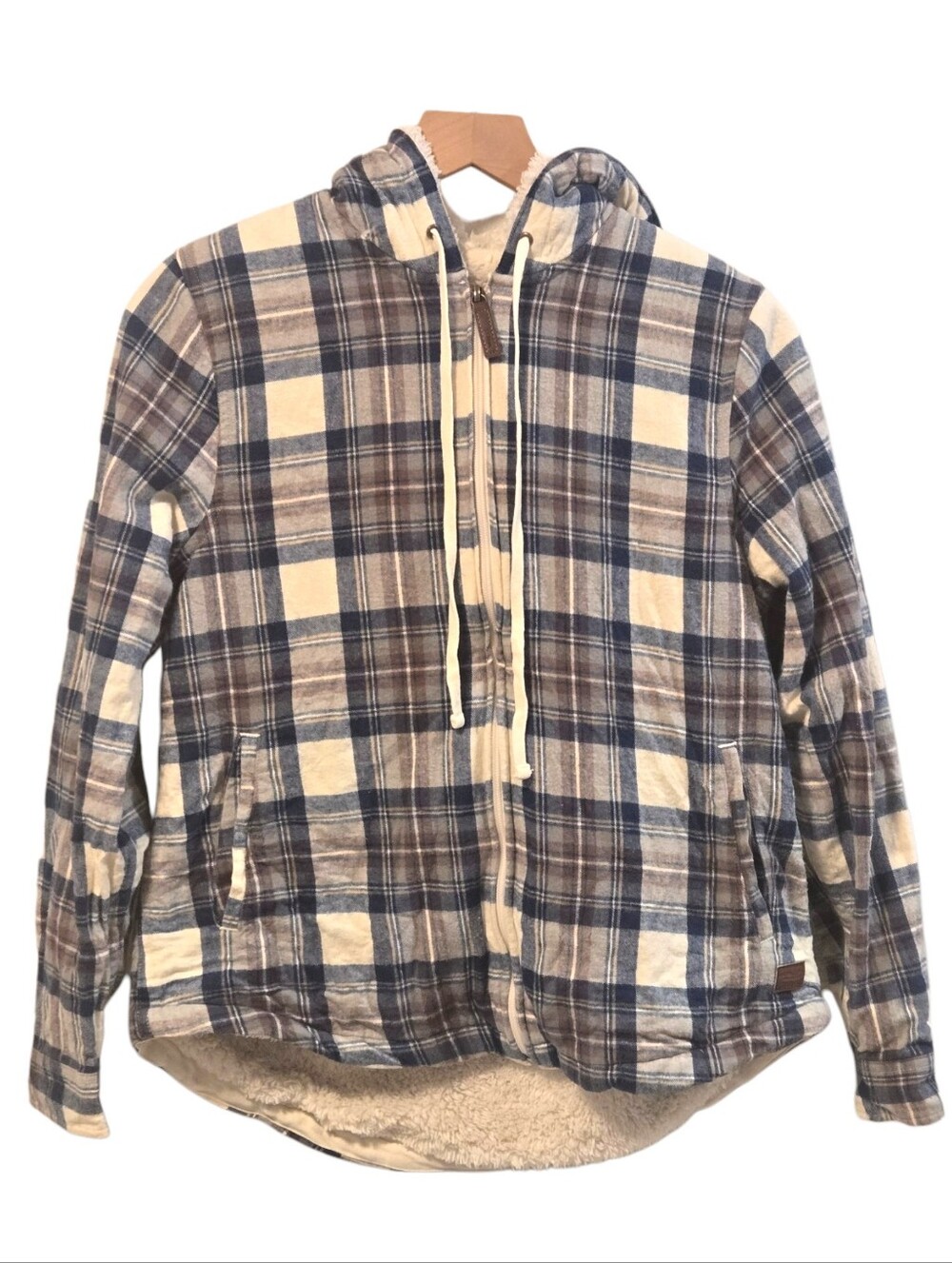 LL Bean Blue Cream Plaid Scotch Flannel Relaxed Fit Full Zip-Up Sherpa Hoodie XS
